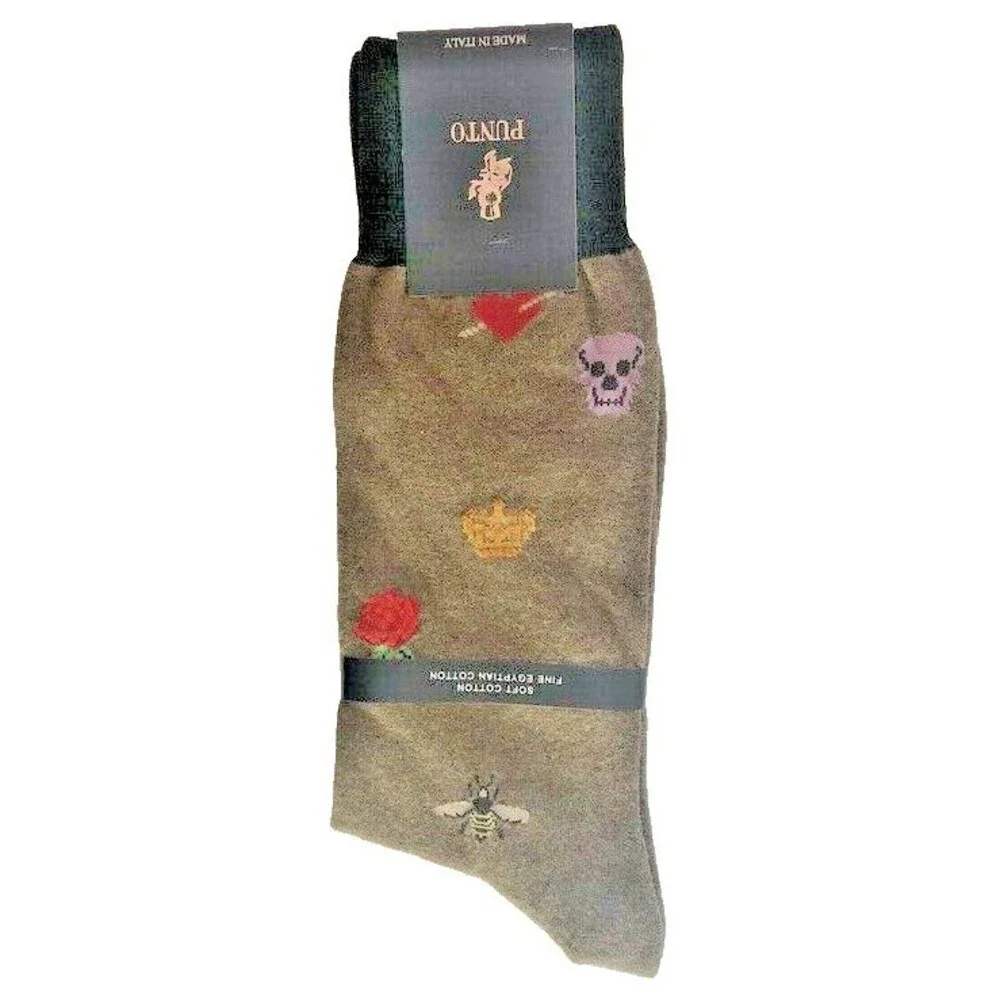 Punto Mens Dress Socks Bees Roses Crowns Skulls Egyptian Cotton Italian Brown